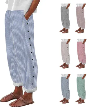 Linen Pants for Women 2025,Fashion Striped Summer Casual Pants, Elastic Waist Straight Leg Baggy Trousers Pockets