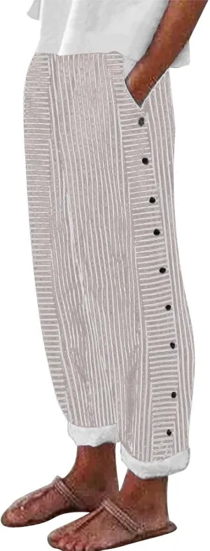 Linen Pants for Women 2025,Fashion Striped Summer Casual Pants, Elastic Waist Straight Leg Baggy Trousers Pockets