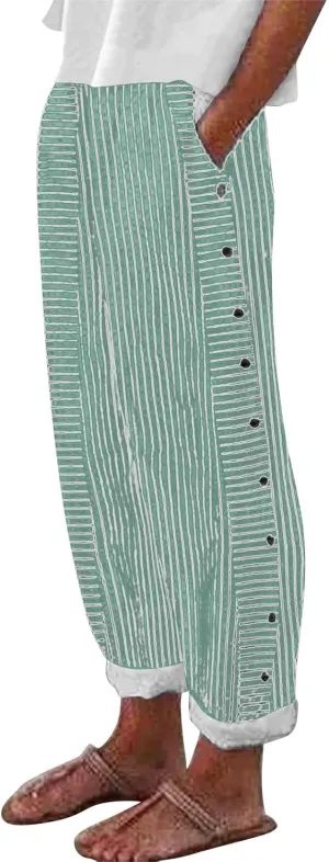 Linen Pants for Women 2025,Fashion Striped Summer Casual Pants, Elastic Waist Straight Leg Baggy Trousers Pockets