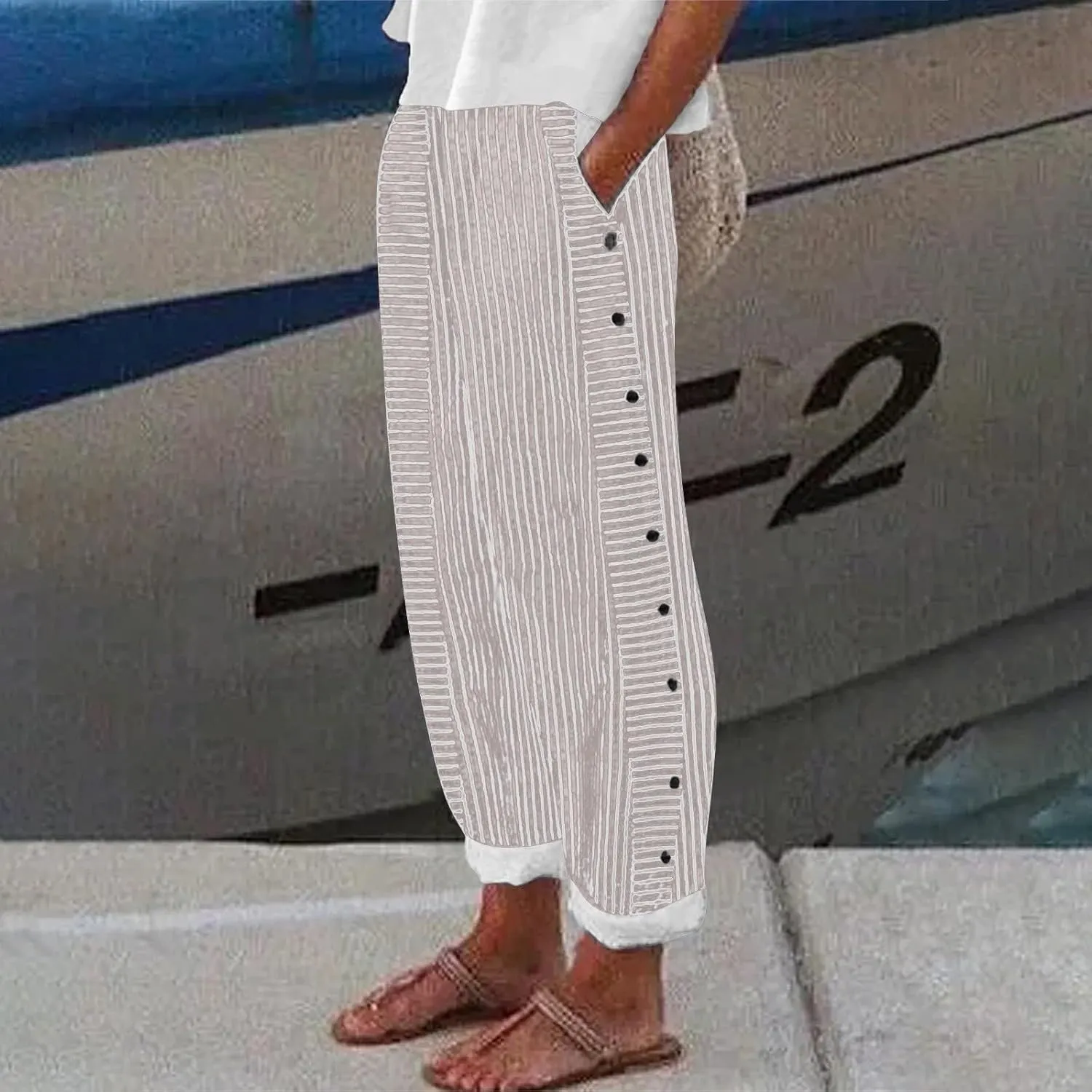 Linen Pants for Women 2025,Fashion Striped Summer Casual Pants, Elastic Waist Straight Leg Baggy Trousers Pockets