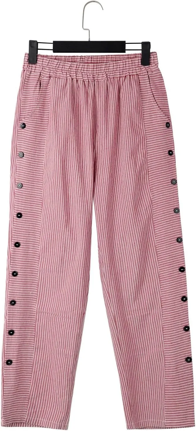 Linen Pants for Women 2025,Fashion Striped Summer Casual Pants, Elastic Waist Straight Leg Baggy Trousers Pockets