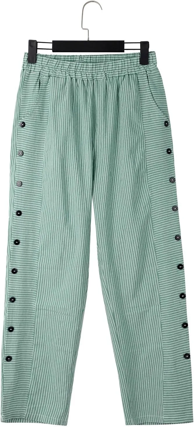 Linen Pants for Women 2025,Fashion Striped Summer Casual Pants, Elastic Waist Straight Leg Baggy Trousers Pockets
