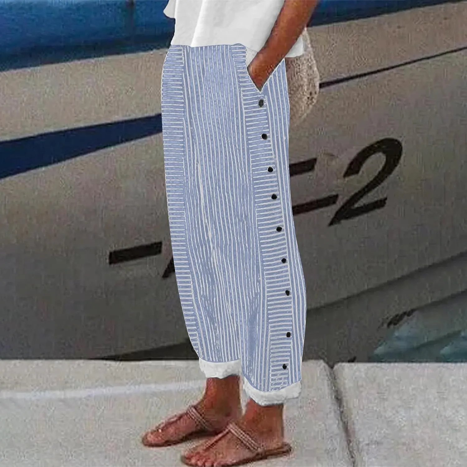 Linen Pants for Women 2025,Fashion Striped Summer Casual Pants, Elastic Waist Straight Leg Baggy Trousers Pockets