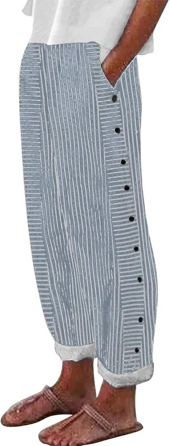 Linen Pants for Women 2025,Fashion Striped Summer Casual Pants, Elastic Waist Straight Leg Baggy Trousers Pockets
