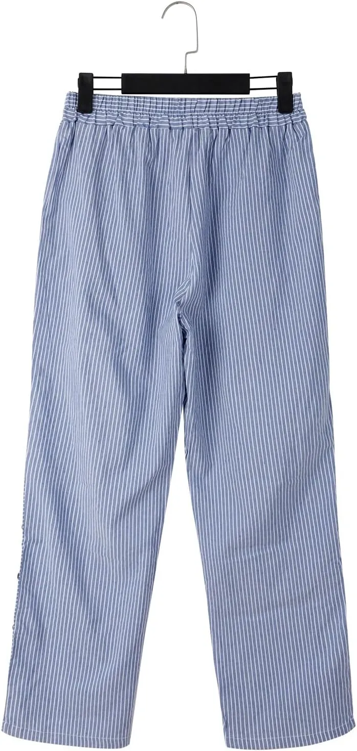 Linen Pants for Women 2025,Fashion Striped Summer Casual Pants, Elastic Waist Straight Leg Baggy Trousers Pockets