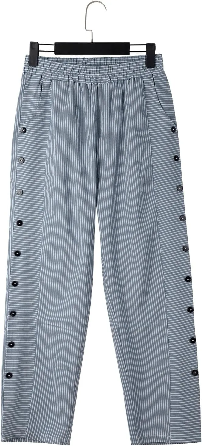 Linen Pants for Women 2025,Fashion Striped Summer Casual Pants, Elastic Waist Straight Leg Baggy Trousers Pockets