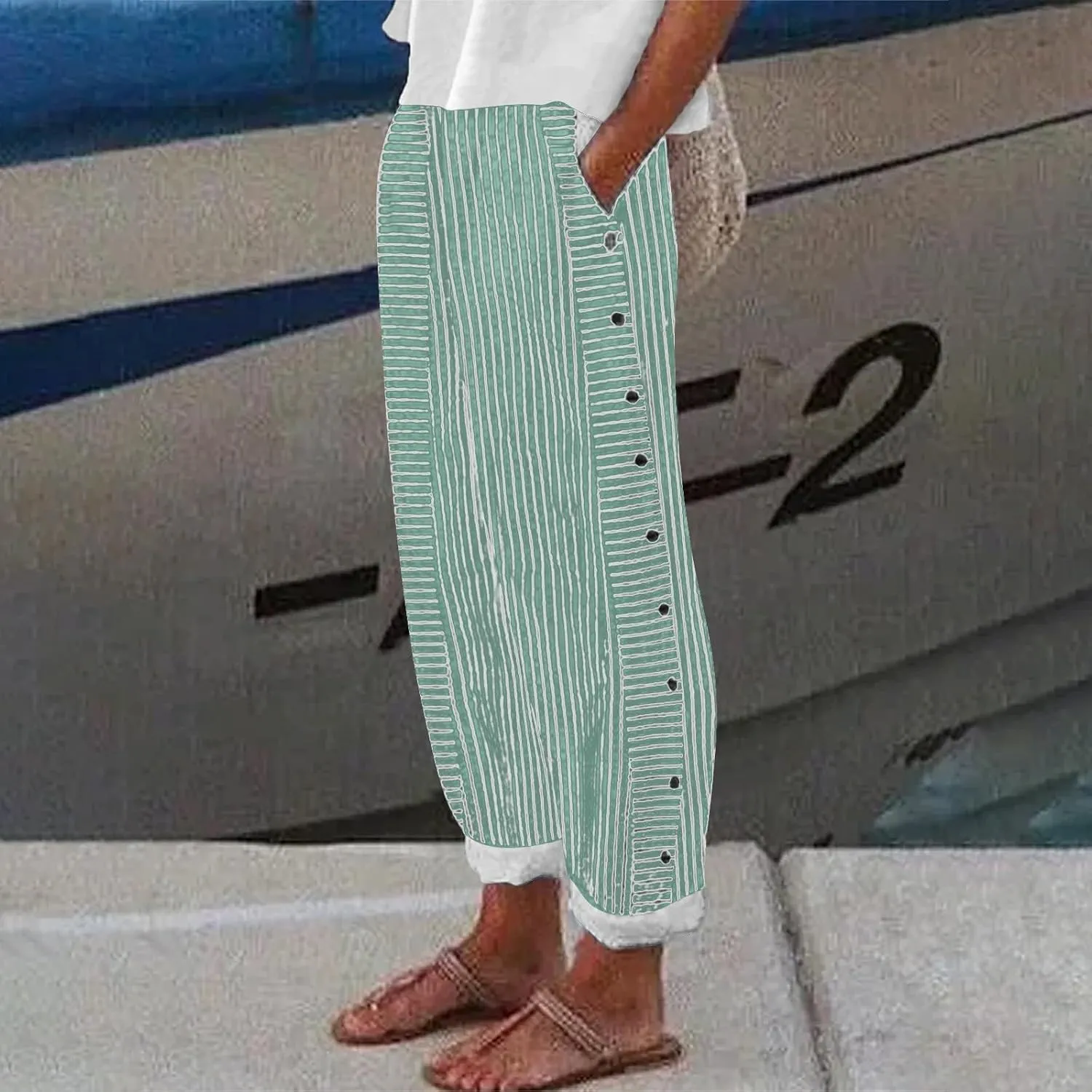 Linen Pants for Women 2025,Fashion Striped Summer Casual Pants, Elastic Waist Straight Leg Baggy Trousers Pockets