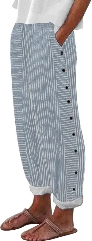 Linen Pants for Women 2025,Fashion Striped Summer Casual Pants, Elastic Waist Straight Leg Baggy Trousers Pockets