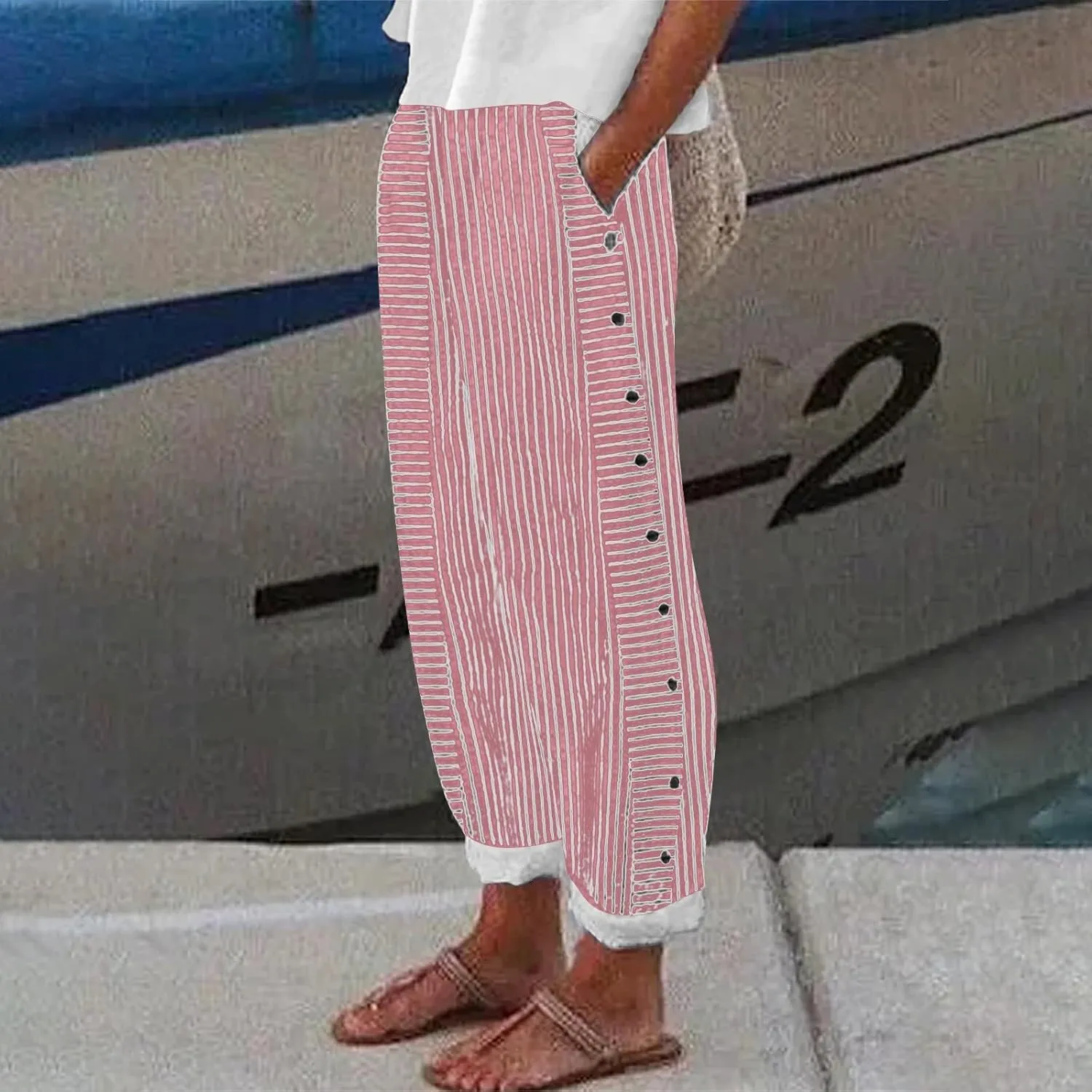Linen Pants for Women 2025,Fashion Striped Summer Casual Pants, Elastic Waist Straight Leg Baggy Trousers Pockets