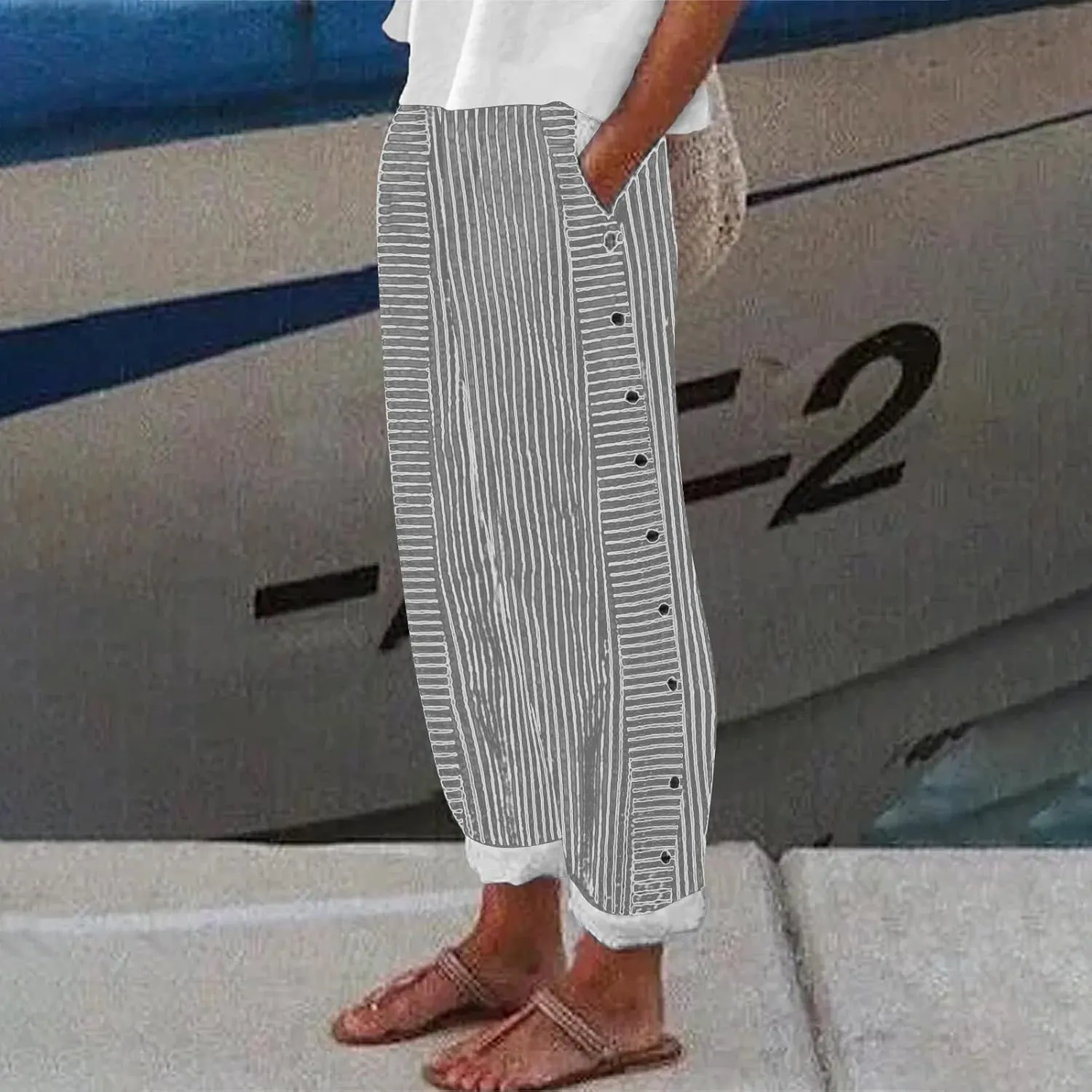 Linen Pants for Women 2025,Fashion Striped Summer Casual Pants, Elastic Waist Straight Leg Baggy Trousers Pockets
