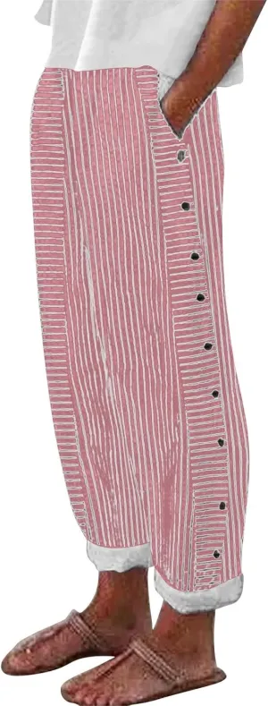 Linen Pants for Women 2025,Fashion Striped Summer Casual Pants, Elastic Waist Straight Leg Baggy Trousers Pockets