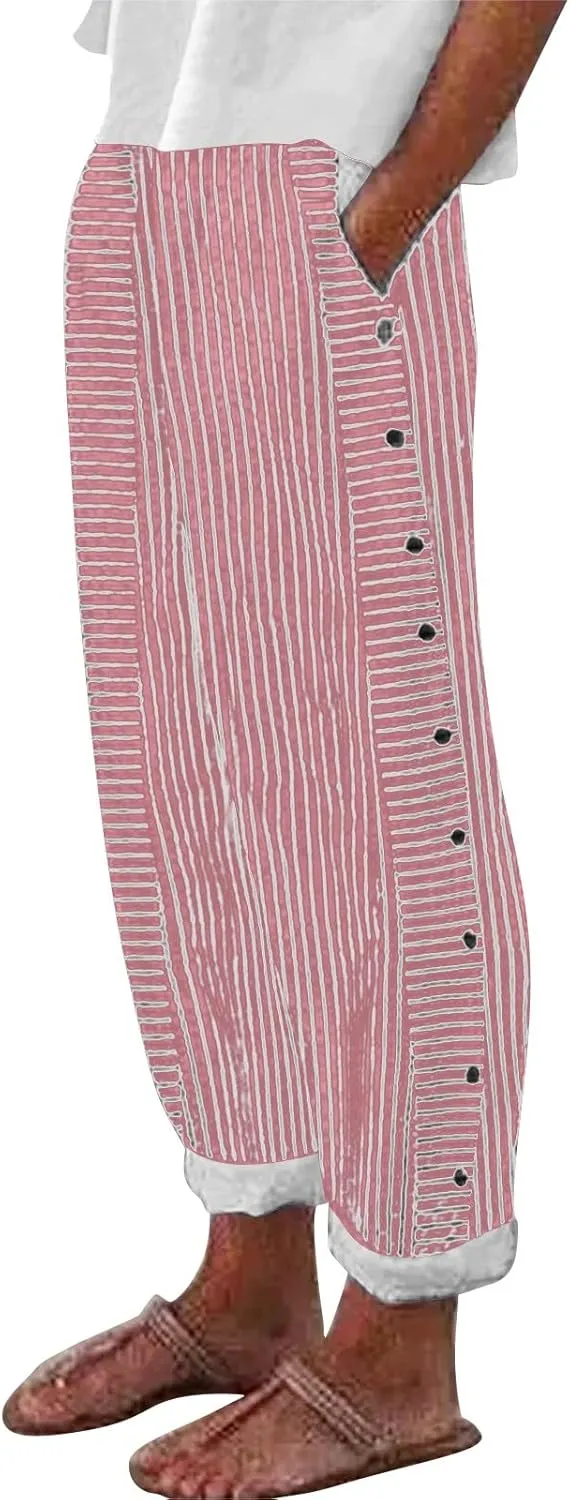 Linen Pants for Women 2025,Fashion Striped Summer Casual Pants, Elastic Waist Straight Leg Baggy Trousers Pockets