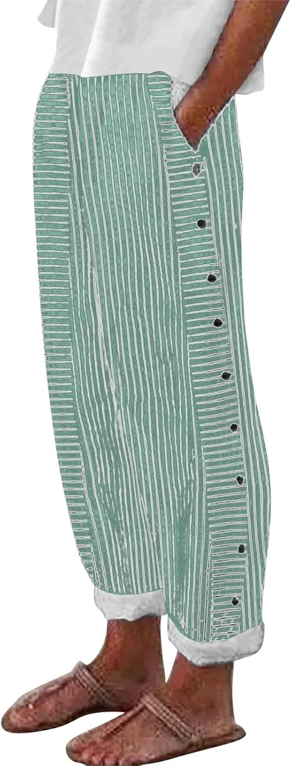 Linen Pants for Women 2025,Fashion Striped Summer Casual Pants, Elastic Waist Straight Leg Baggy Trousers Pockets