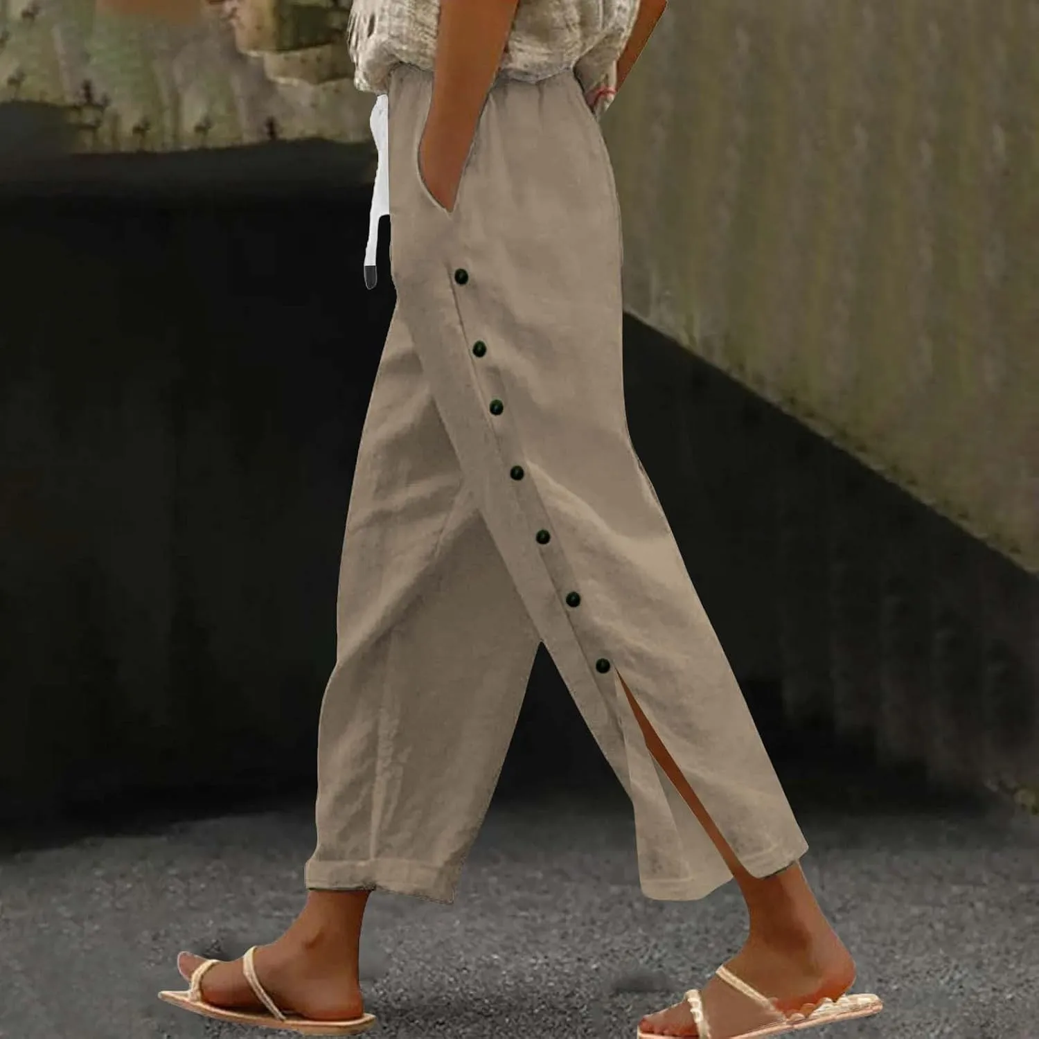Linen Pants for Women Summer Elastic Waist Lightweight Pants Vacation Beach Side-Buttoned Closure Casual Trousers