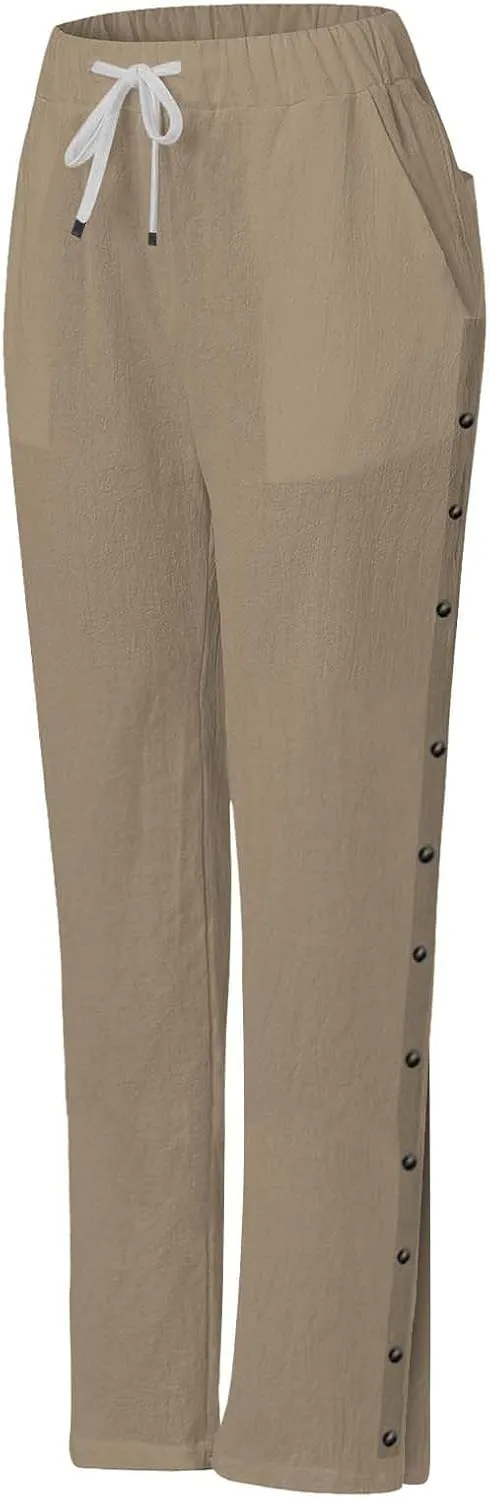 Linen Pants for Women Summer Elastic Waist Lightweight Pants Vacation Beach Side-Buttoned Closure Casual Trousers