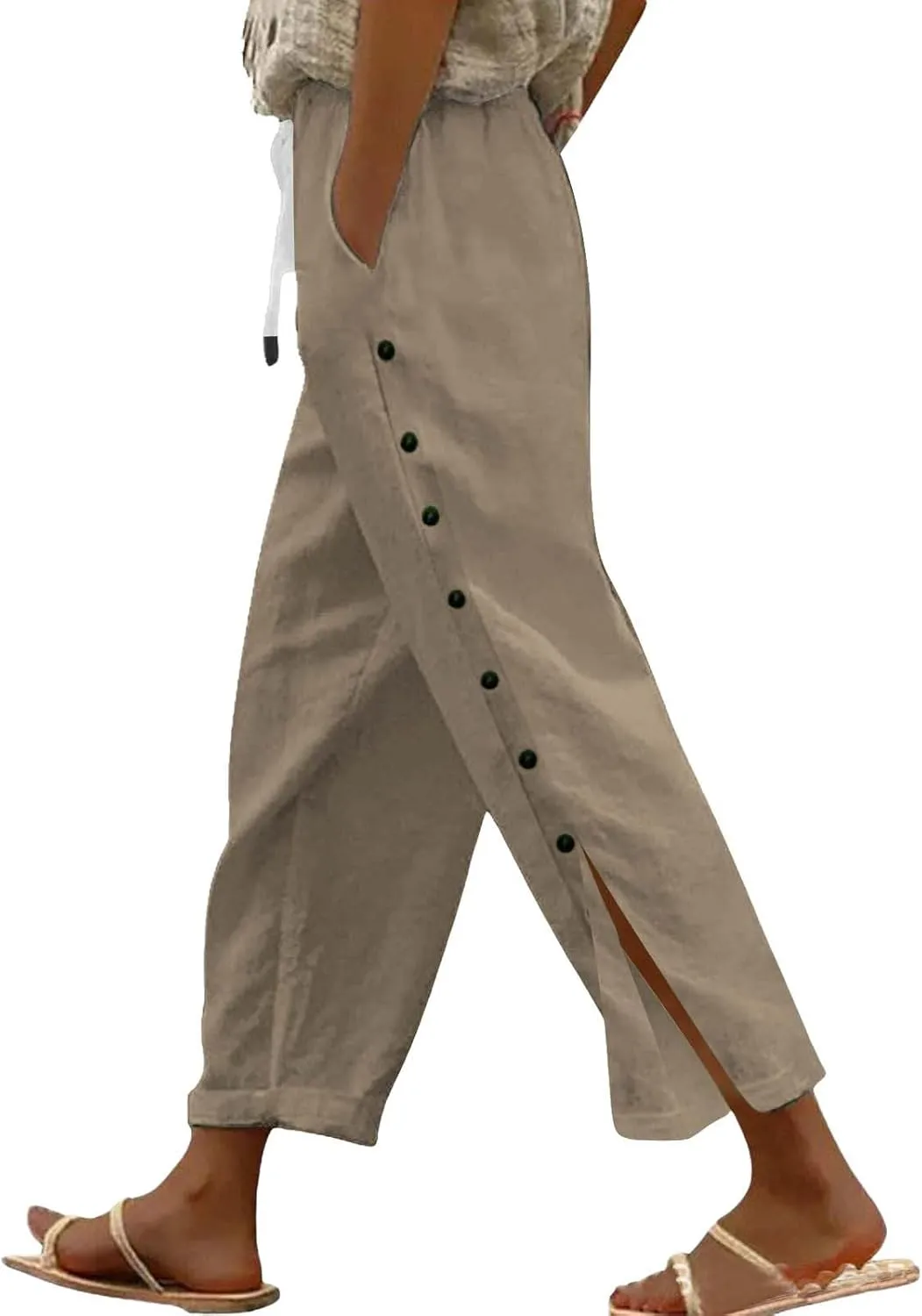 Linen Pants for Women Summer Elastic Waist Lightweight Pants Vacation Beach Side-Buttoned Closure Casual Trousers