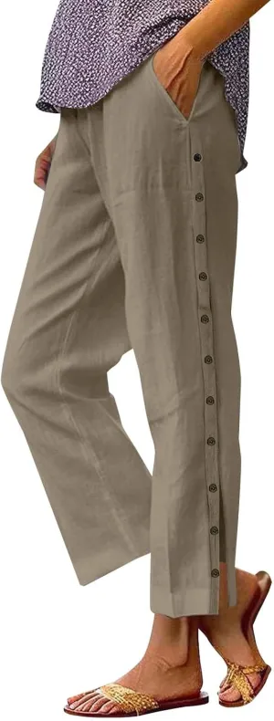 Linen Pants for Women Summer Elastic Waist Lightweight Pants Vacation Beach Side-Buttoned Closure Casual Trousers