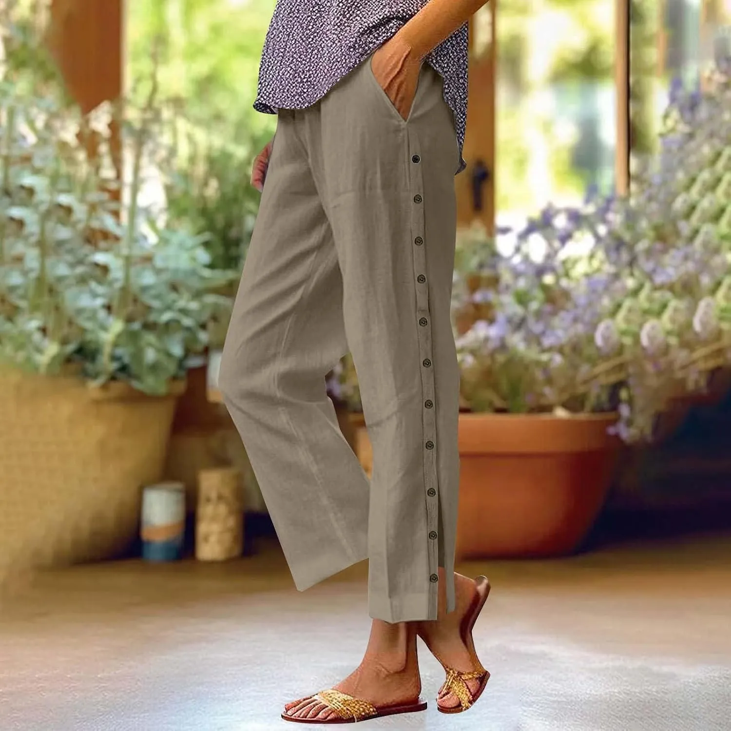 Linen Pants for Women Summer Elastic Waist Lightweight Pants Vacation Beach Side-Buttoned Closure Casual Trousers