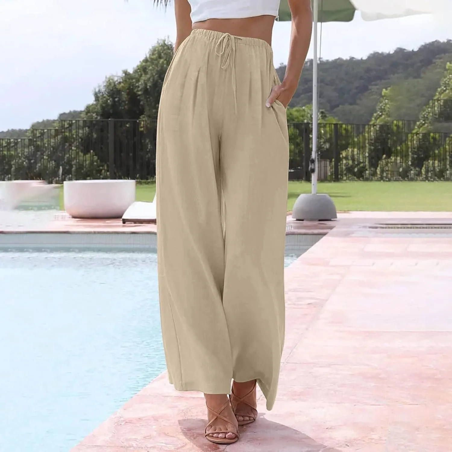 Linen Pants Women Drawstring Elastic Waist Wide Leg Loose Fit Summer Trouser Palazzo Pants Women with Pockets