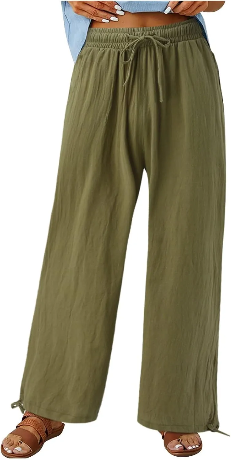Linen Pants Women Plus Size Boho Comfy Flowy Wide Leg Trouser Summer High Waist Beach Palazzo Sweatpant with Pocket