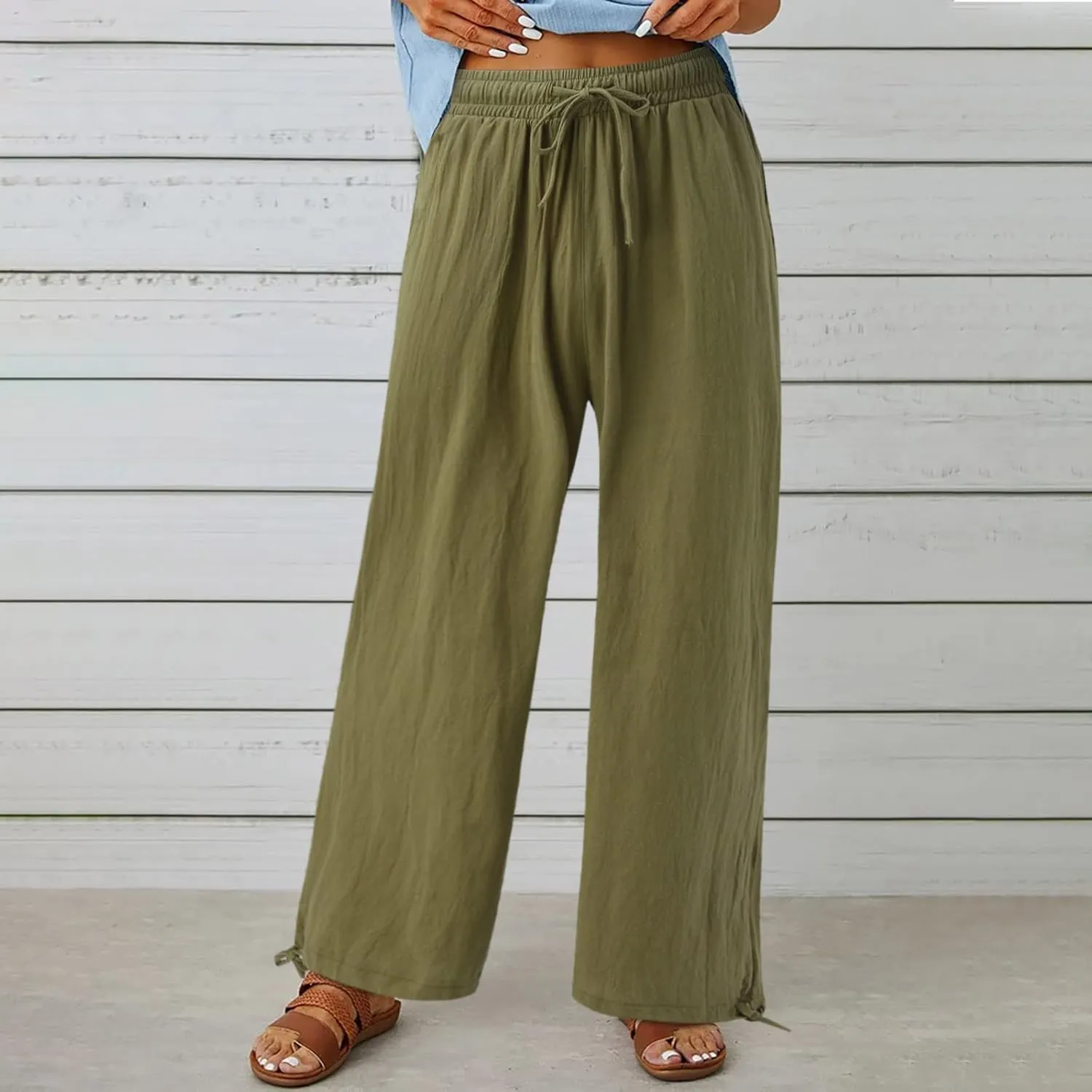 Linen Pants Women Plus Size Boho Comfy Flowy Wide Leg Trouser Summer High Waist Beach Palazzo Sweatpant with Pocket