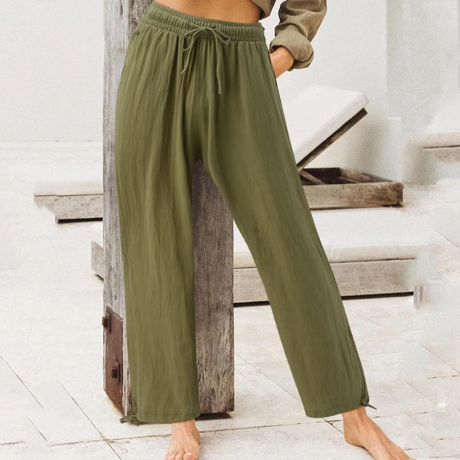 Linen Pants Women Plus Size Boho Comfy Flowy Wide Leg Trouser Summer High Waist Beach Palazzo Sweatpant with Pocket
