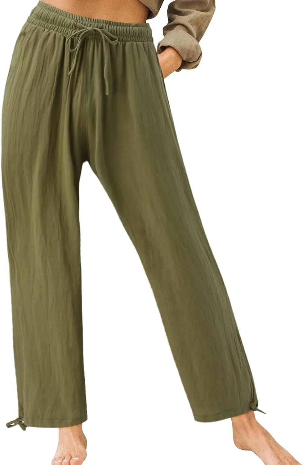 Linen Pants Women Plus Size Boho Comfy Flowy Wide Leg Trouser Summer High Waist Beach Palazzo Sweatpant with Pocket