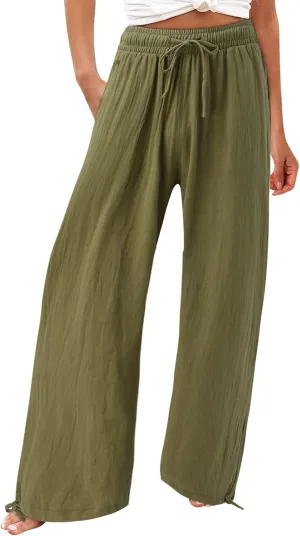 Linen Pants Women Plus Size Boho Comfy Flowy Wide Leg Trouser Summer High Waist Beach Palazzo Sweatpant with Pocket