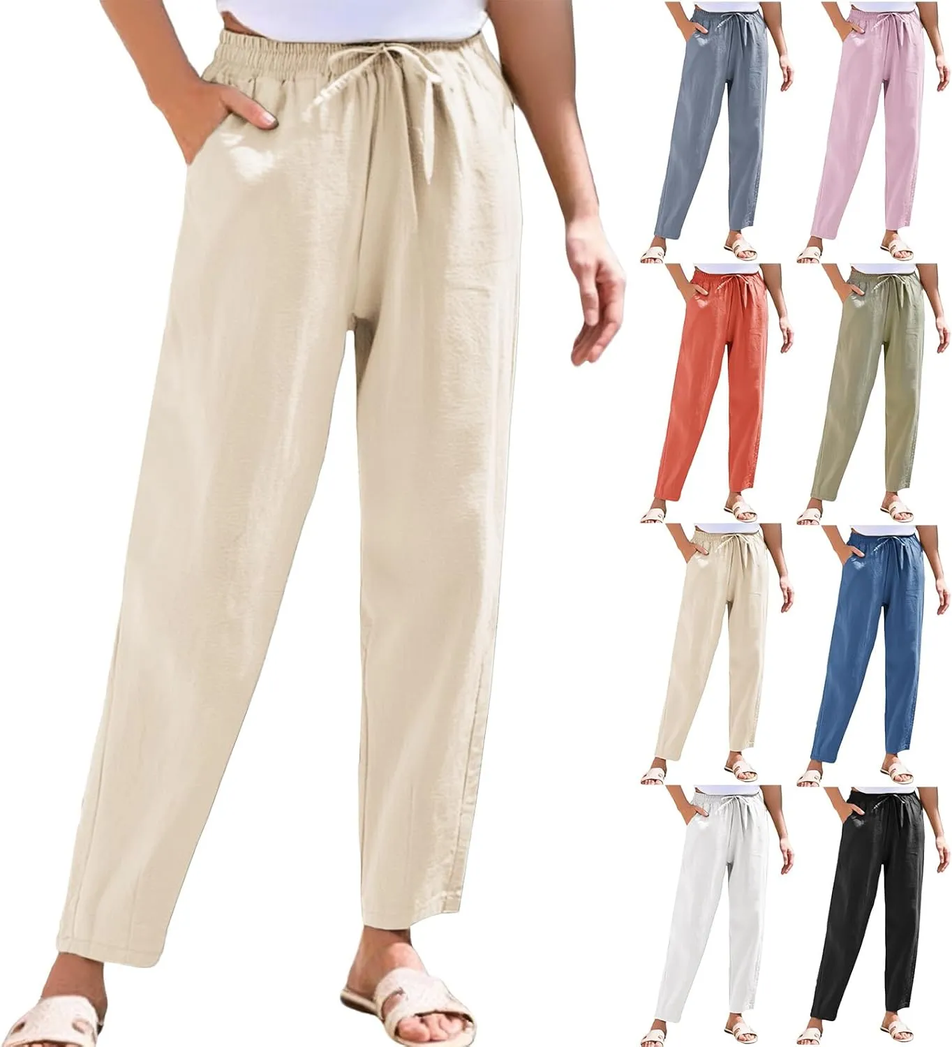 Linen Pants Women Summer Casual High Waisted Straight Leg Beach Pants Drawstring Pants Trousers with Pockets