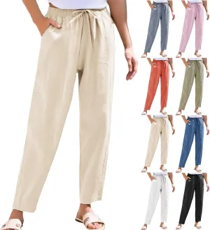Linen Pants Women Summer Casual High Waisted Straight Leg Beach Pants Drawstring Pants Trousers with Pockets