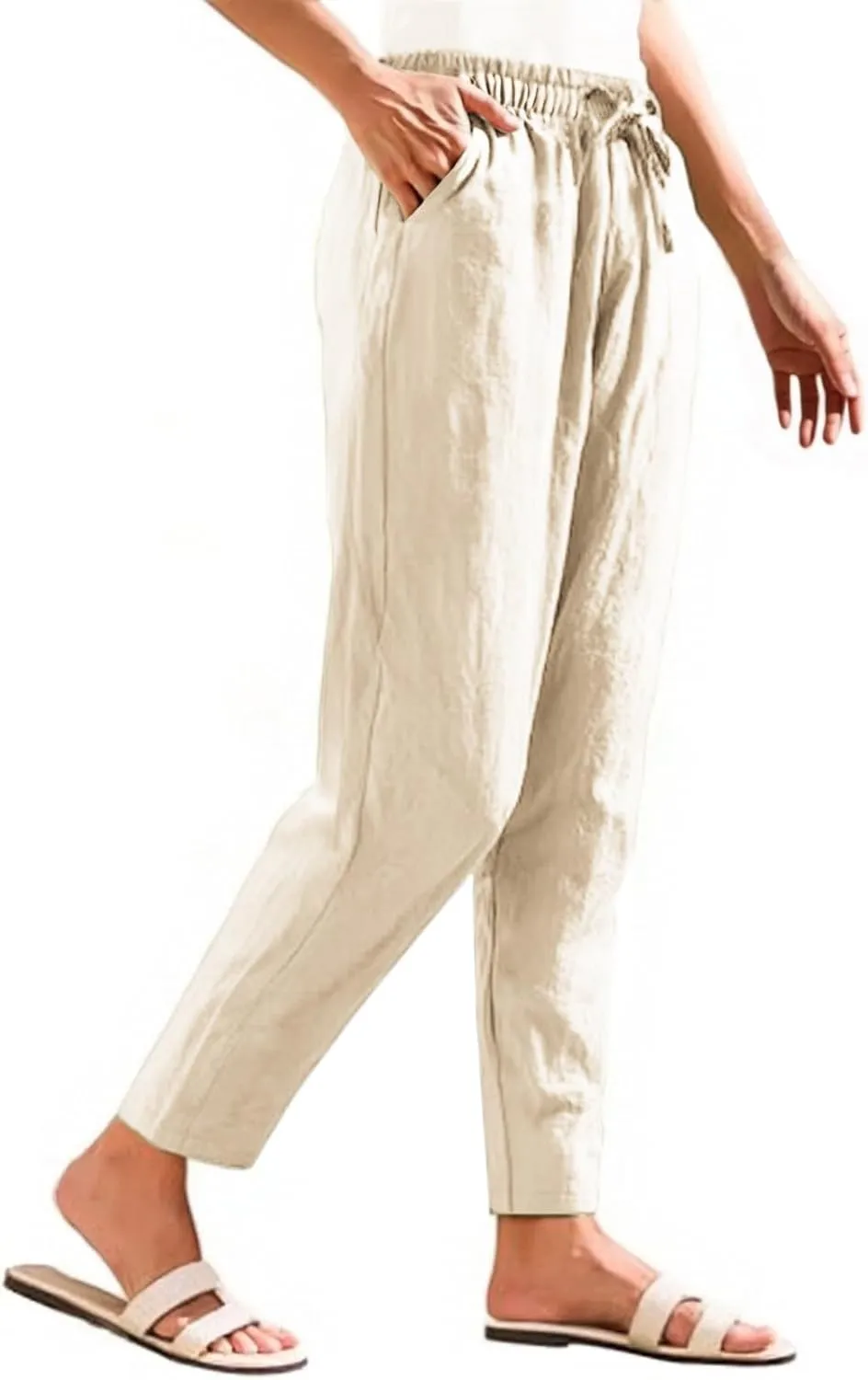 Linen Pants Women Summer Casual High Waisted Straight Leg Beach Pants Drawstring Pants Trousers with Pockets