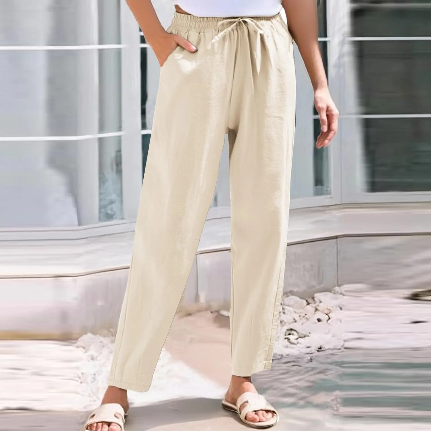Linen Pants Women Summer Casual High Waisted Straight Leg Beach Pants Drawstring Pants Trousers with Pockets