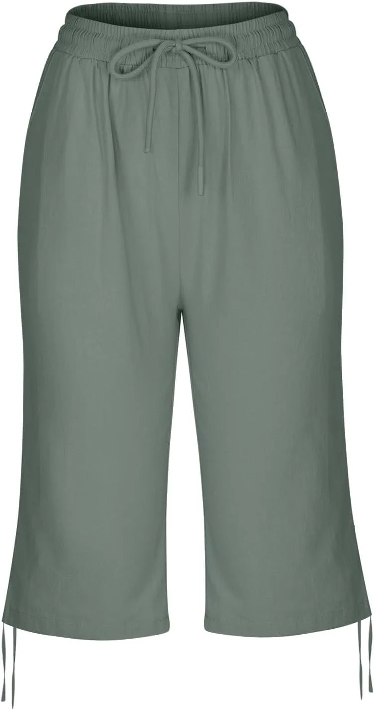 Linen Pants Women Summer Pants Ladies Loose Drawstring Casual Solid Color Shorts Wide Leg Casual Cotton Linen Pants