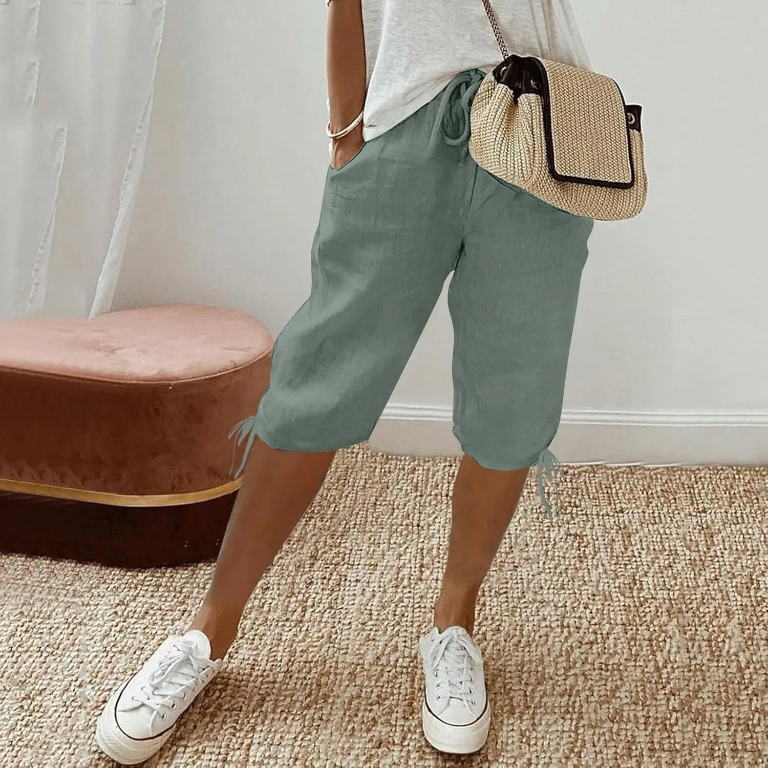 Linen Pants Women Summer Pants Ladies Loose Drawstring Casual Solid Color Shorts Wide Leg Casual Cotton Linen Pants