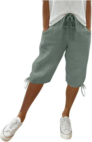Linen Pants Women Summer Pants Ladies Loose Drawstring Casual Solid Color Shorts Wide Leg Casual Cotton Linen Pants