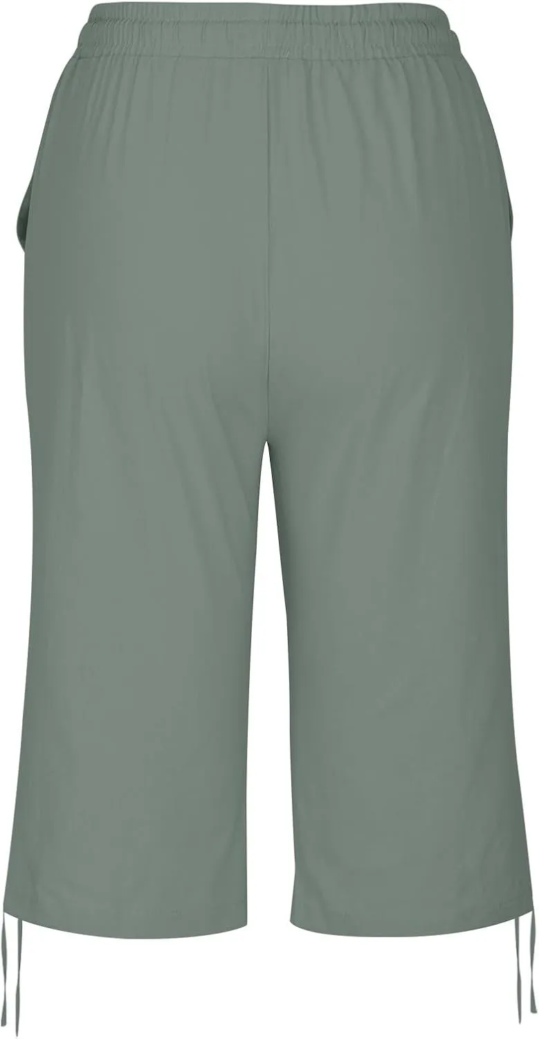 Linen Pants Women Summer Pants Ladies Loose Drawstring Casual Solid Color Shorts Wide Leg Casual Cotton Linen Pants