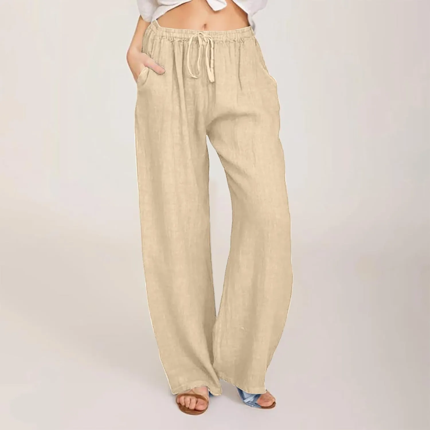 Linen Pants Women Summer Wide Leg Linen Pants Drawstring Elastic Waist Pants Casual Loose Fit Work Pants Linen Trouser