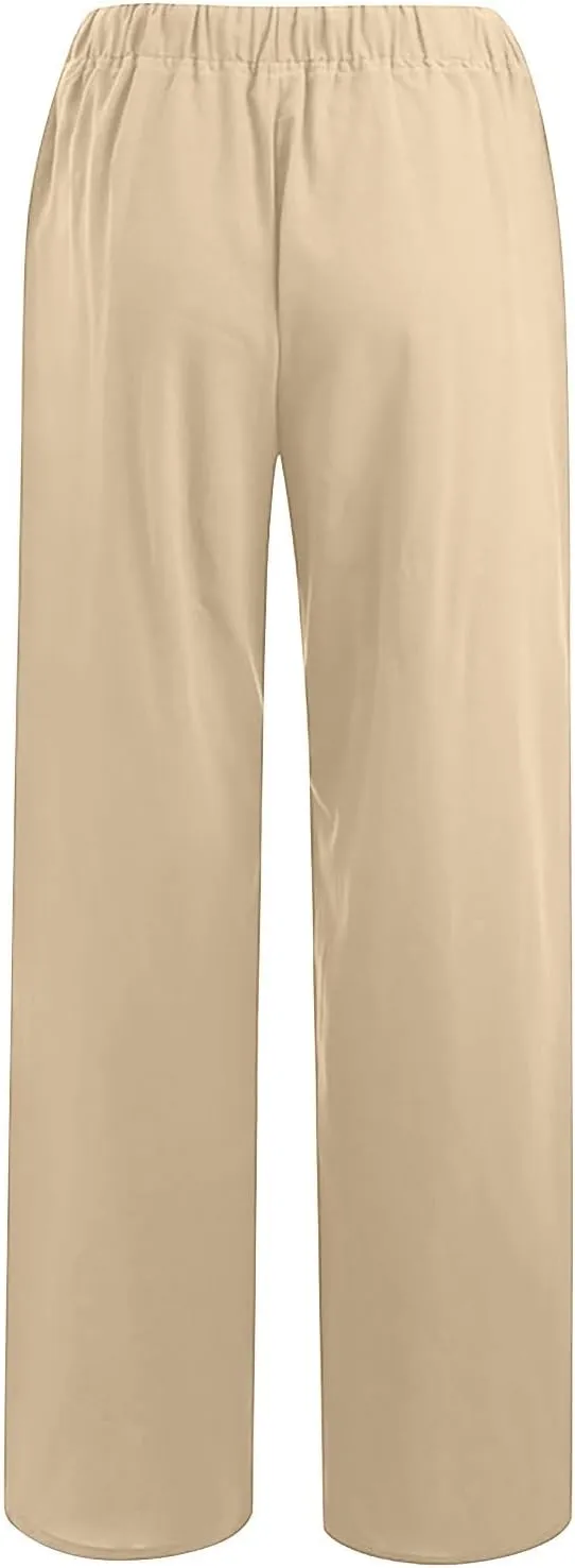 Linen Pants Women Summer Wide Leg Linen Pants Drawstring Elastic Waist Pants Casual Loose Fit Work Pants Linen Trouser