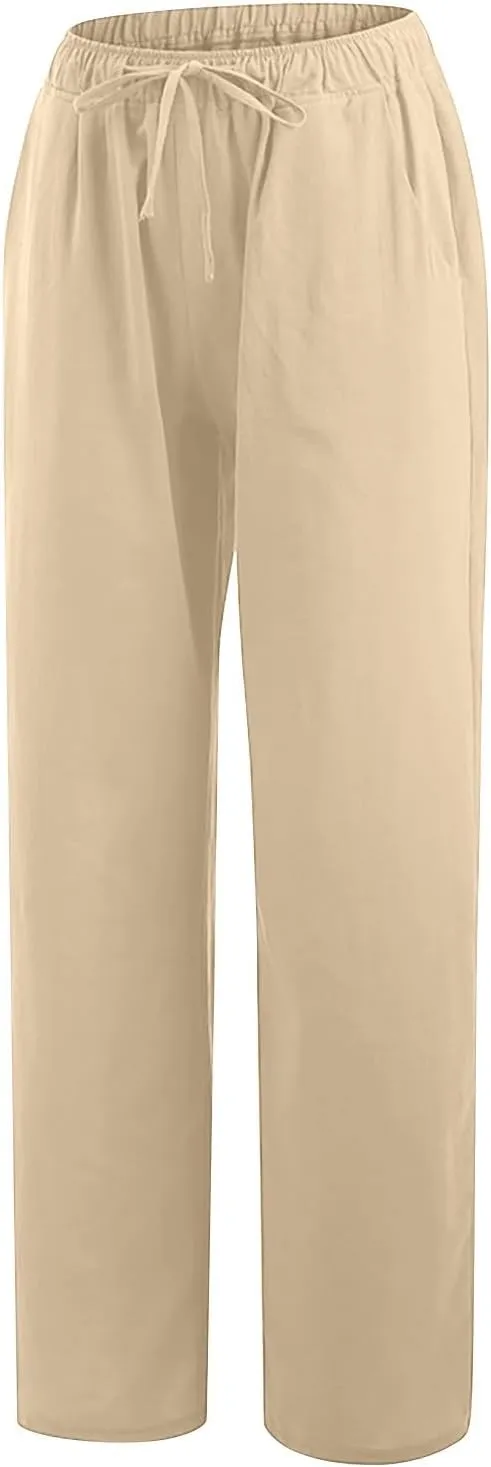 Linen Pants Women Summer Wide Leg Linen Pants Drawstring Elastic Waist Pants Casual Loose Fit Work Pants Linen Trouser