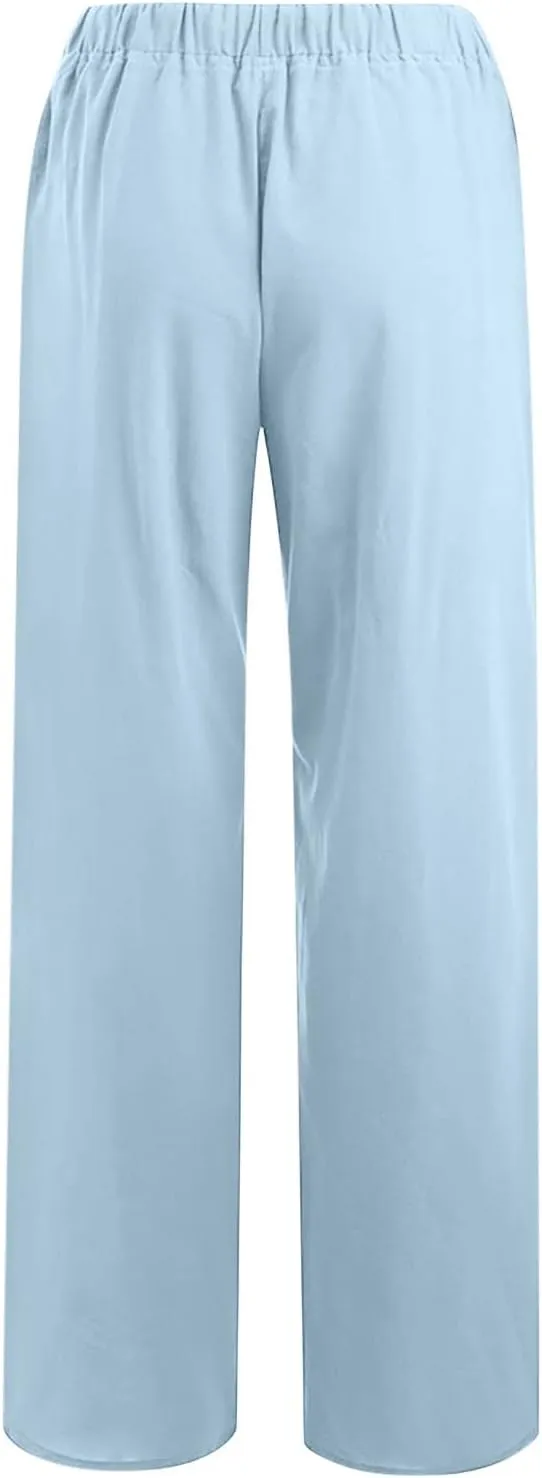 Linen Pants Women Summer Wide Leg Linen Pants Drawstring Elastic Waist Pants Casual Loose Fit Work Pants Linen Trouser