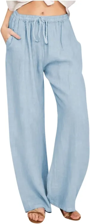 Linen Pants Women Summer Wide Leg Linen Pants Drawstring Elastic Waist Pants Casual Loose Fit Work Pants Linen Trouser