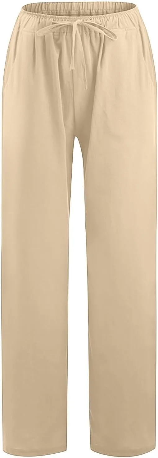 Linen Pants Women Summer Wide Leg Linen Pants Drawstring Elastic Waist Pants Casual Loose Fit Work Pants Linen Trouser