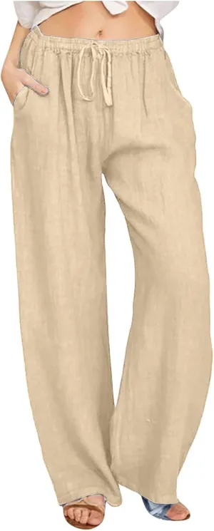 Linen Pants Women Summer Wide Leg Linen Pants Drawstring Elastic Waist Pants Casual Loose Fit Work Pants Linen Trouser