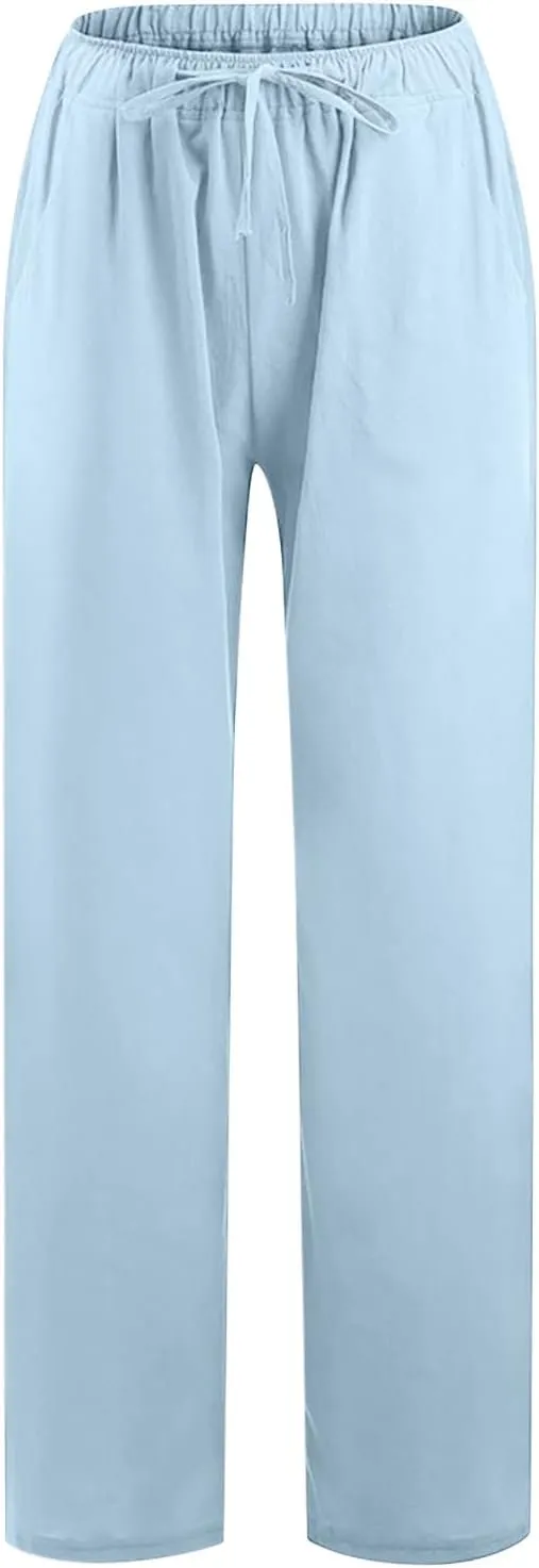 Linen Pants Women Summer Wide Leg Linen Pants Drawstring Elastic Waist Pants Casual Loose Fit Work Pants Linen Trouser