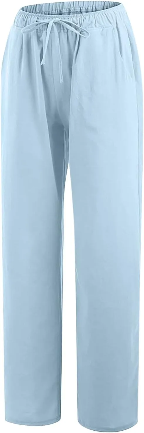 Linen Pants Women Summer Wide Leg Linen Pants Drawstring Elastic Waist Pants Casual Loose Fit Work Pants Linen Trouser