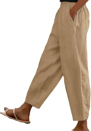 Linen Pants Women Summer Wide Leg Pant Drawstring Elastic Waist Pants High Waisted Lounge Beach Trousers with Pocket