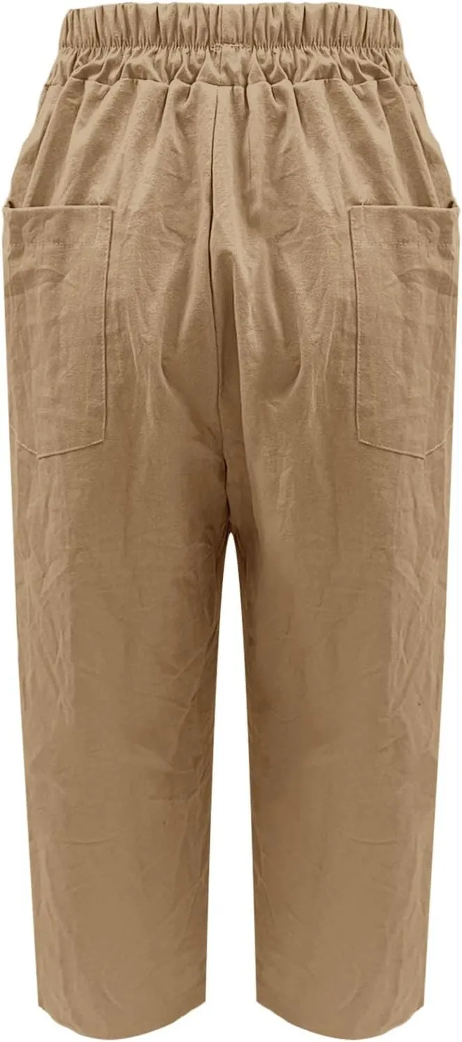 Linen Pants Women Summer Wide Leg Pant Drawstring Elastic Waist Pants High Waisted Lounge Beach Trousers with Pocket