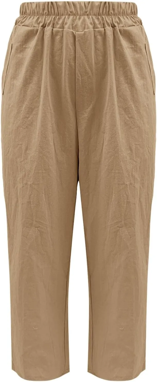 Linen Pants Women Summer Wide Leg Pant Drawstring Elastic Waist Pants High Waisted Lounge Beach Trousers with Pocket