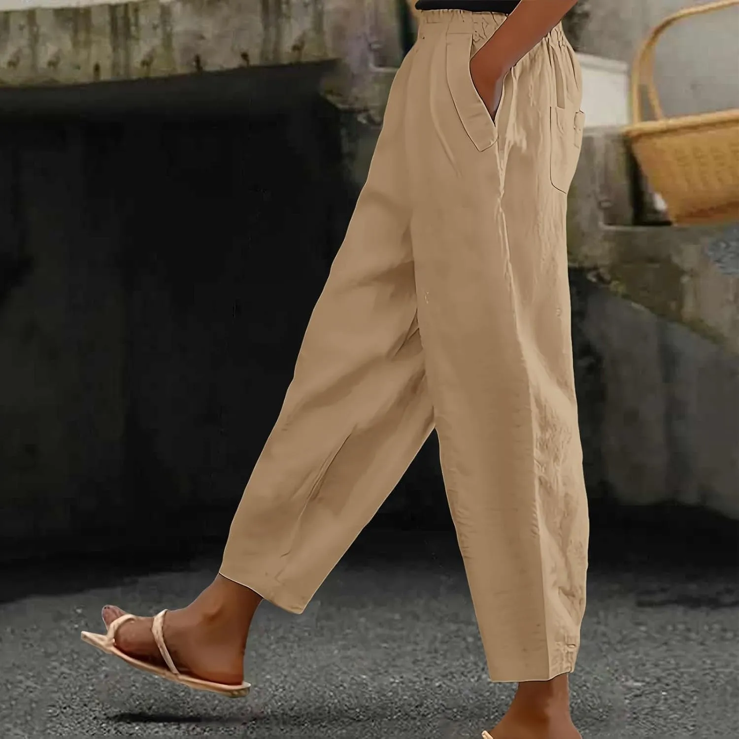 Linen Pants Women Summer Wide Leg Pant Drawstring Elastic Waist Pants High Waisted Lounge Beach Trousers with Pocket