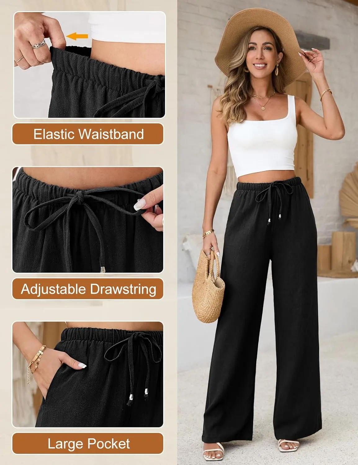 Linen Pants Women White Wide Leg Pants Summer Palazzo Pants Loose Flowy Beach Work Dress Black Pants Trousers 2025